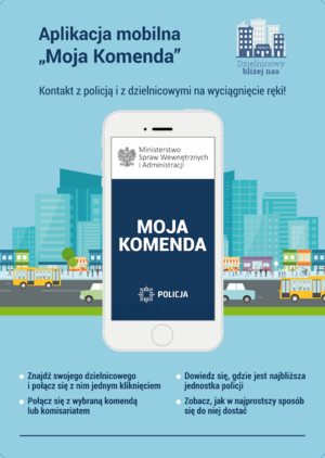 plakat aplikacji Moja Komenda, telefon z napisem Moja Komenda