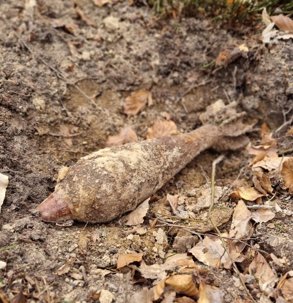 Granat moździeżowy odnaleziony przy pomocy wykrywacza metali.